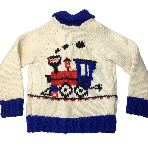 Vintage 60s Hand Knit Child's Cardigan Zipper Full Zip Sweater Train Double Side - Picture 5 of 9